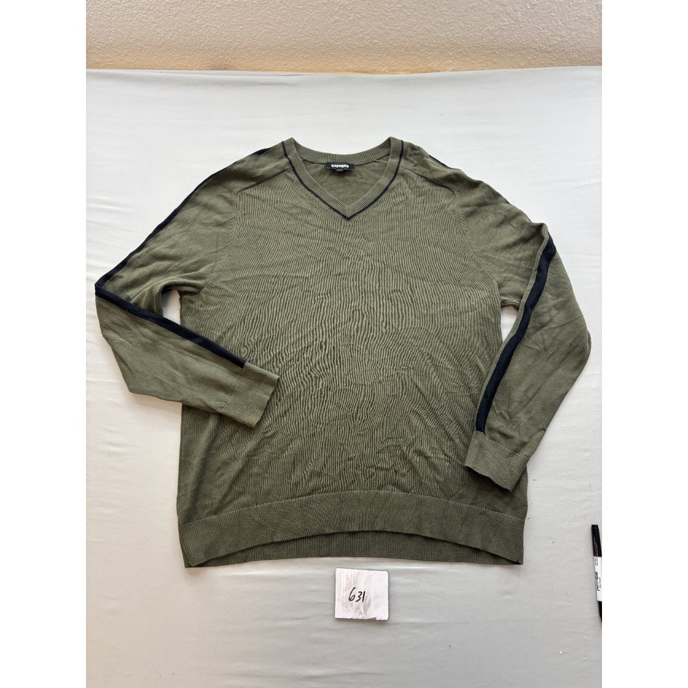 Express Mens V-Neck Sweater Olive Green Black Stripe Long Sleeve Knit XL